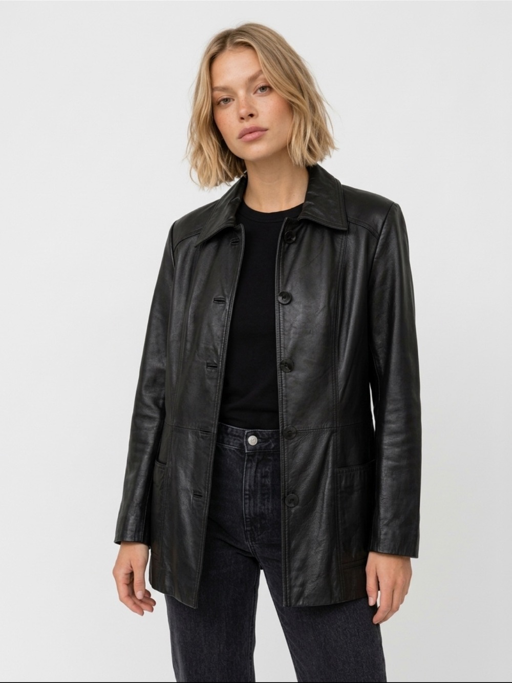 Danier Black Leather Button-Front Jacket with Patch Pockets